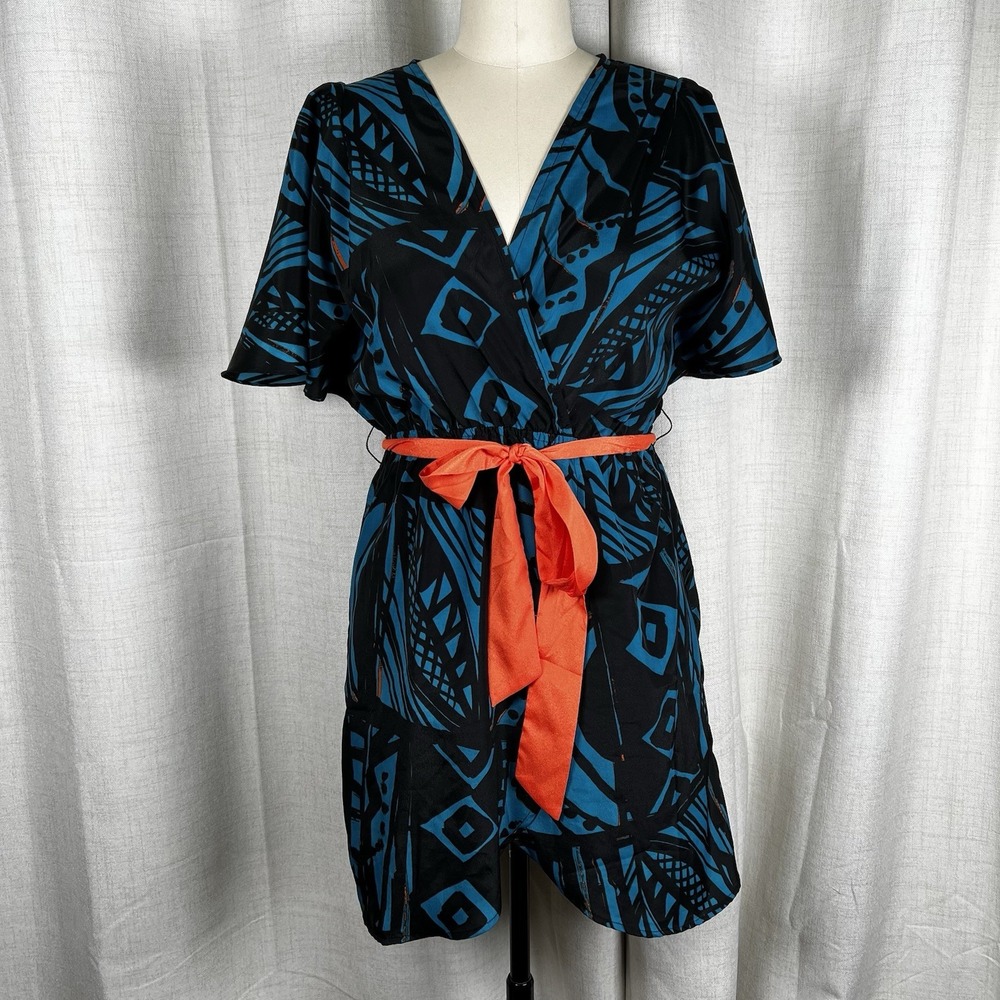 NEW! Maude Anthropologie Faux Wrap Belted VNeck Dress Abstract Blue Black Medium